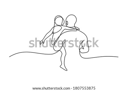 Father with daughter in continuous line art drawing style. Back view of strong dad holding his little female child black linear sketch isolated on white background. Vector illustration