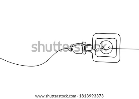 Plug inserting into electric outlet in continuous line art drawing style. Power plug and socket minimalist black linear design isolated on white background. Vector illustration