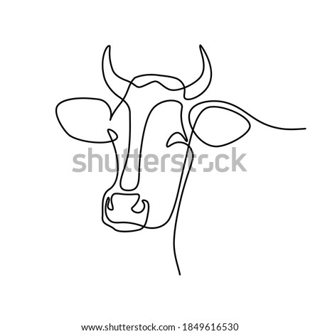 Cow head in continuous line art drawing style. Horned cow portrait minimalist black linear sketch isolated on white background. Vector illustration