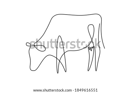 Cow on pasture in continuous line art drawing style. Grazing cow abstract minimalist black linear sketch isolated on white background. Vector illustration
