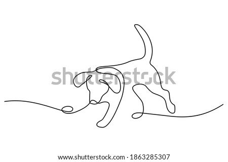 Playful dog in continuous line art drawing style. Puppy playing minimalist black linear sketch isolated on white background. Vector illustration
