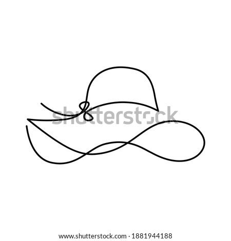Women sun hat in continuous line art drawing style. Female summer hat with decorative bow knot. Minimalist black linear design isolated on white background. Vector illustration