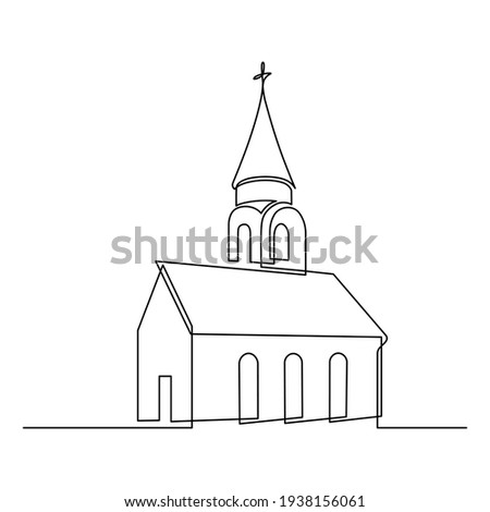 Church in continuous line art drawing style. Abstract church building with bell-tower. Minimalist black linear sketch isolated on white background. Vector illustration