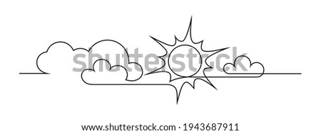 Sun and clouds in the sky. Continuous line art drawing style. Sunny weather minimalist black linear design isolated on white background. Vector illustration