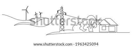 Wind energy in continuous line art drawing style. Landscape with wind turbines producing electricity, power line and abstract private home consumer. Black linear design isolated on white background