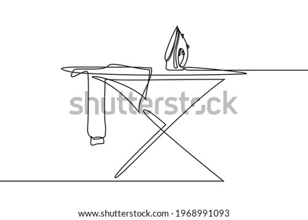 Clothes ironing in continuous line art drawing style. Modern electric smoothing iron and shirt on ironing board black linear sketch isolated on white background. Vector illustration