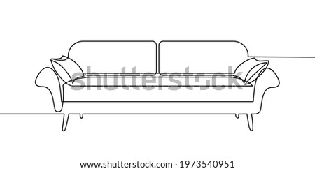 Sofa in continuous line art drawing style. Couch with two pillows. Home furniture black linear design isolated on white background. Vector illustration