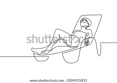 Woman relaxing on a beach lounge chair in continuous line art drawing style. Wellness and relax time. Happy summer vacation. Black linear sketch isolated on white background. Vector illustration