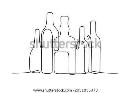 Bottles of different shapes in continuous line art drawing style. Alcoholic drinks collection. Liquor store, bar or pub establishment minimalist black linear sketch isolated on white background