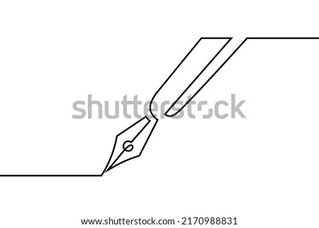 Fountain pen in continuous line art drawing style. Writing or signing document using status symbol vintage ink pen.  Black linear design isolated on white background. Vector illustration