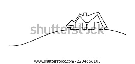 Abstract house on the hill in continuous line art drawing style. Residential building, real estate black linear design isolated on white background. Vector illustration