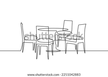 Dining table and chairs in continuous line art drawing style. Classic style dining room furniture black linear sketch isolated on white background. Vector illustration