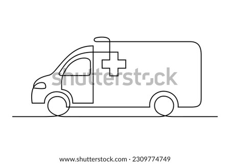 Ambulance vehicle in continuous line art drawing style. Emergency ambulance van with Red Cross symbol black linear sketch isolated on white background. Vector illustration