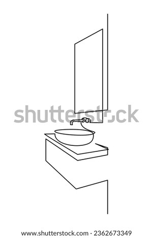 Modern bathroom interior with wash basin and mirror in continuous line art drawing style. Toilet room furniture black linear sketch isolated on white background. Vector illustration
