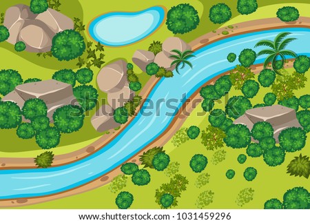 Aerial view of forest and river illustration