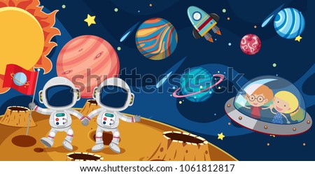 Astronauts and kids in UFO illustration