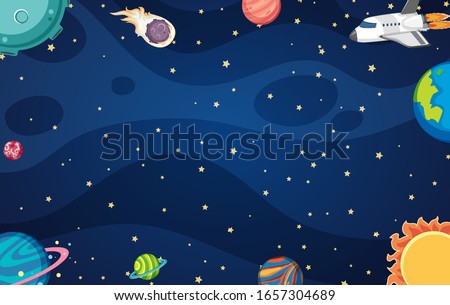 Background template design with spaceship and many planets in space illustration