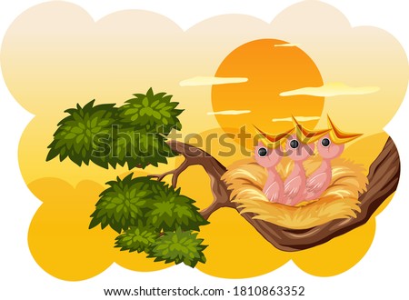 Chicks and its mother bird in nature illustration