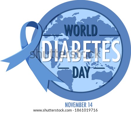 World Diabetes Day logo or banner with blue ribbon and globe illustration
