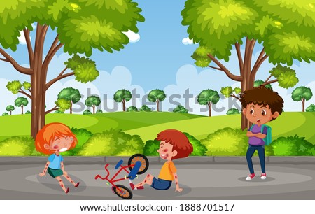 Two kids injured at cheek and arm from riding bycycle at the garden scene illustration