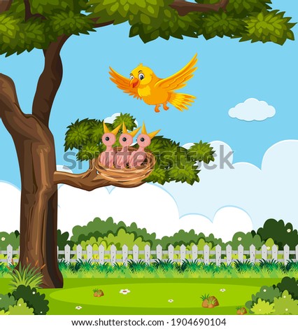 Chicks and its mother bird in nature illustration