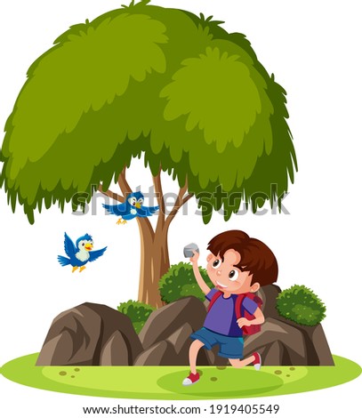 Isolated scene with a boy trying to throw stone to birds illustration