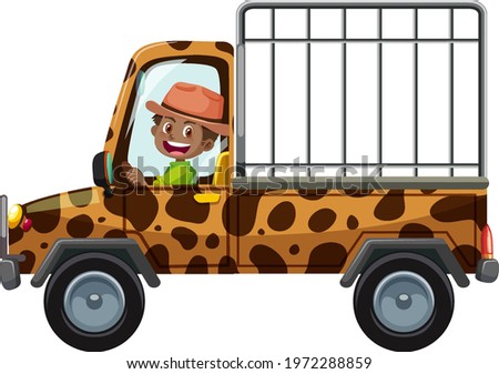 Zoo concept with driver man drives cage car isolated illustration