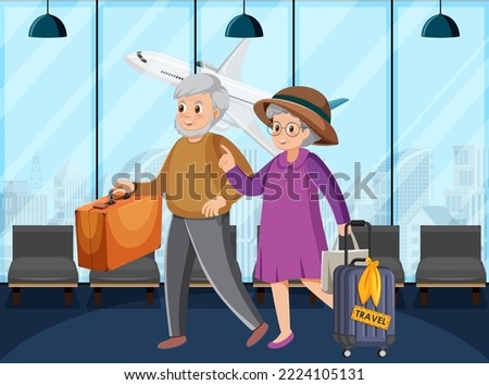Senior couple travelers at airport terminal illustration