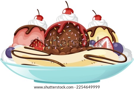 Banana split Ice cream sundae on white background illustration