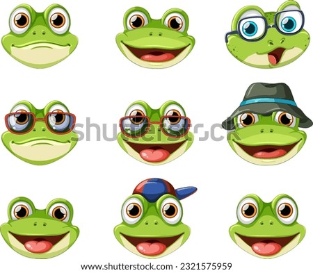 Collection of Frogs Faces in Cartoon Style illustration