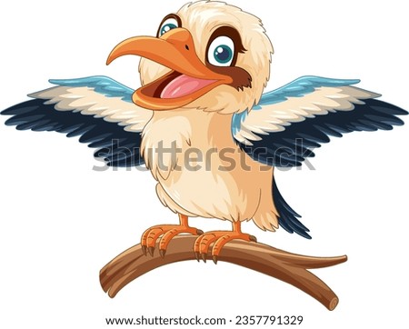A smiling Kookaburra bird stands on a tree branch with its wings wide open, isolated on a white background illustration