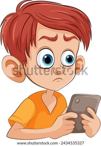 Cartoon of a young boy looking at phone anxiously