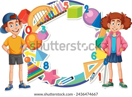 Two happy children surrounded by educational symbols