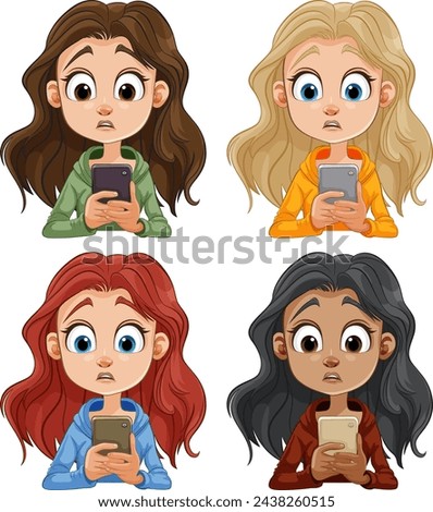 Four cartoon girls focused on their mobile phones