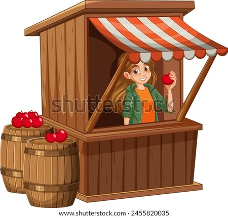 Smiling woman selling apples from a rustic stall
