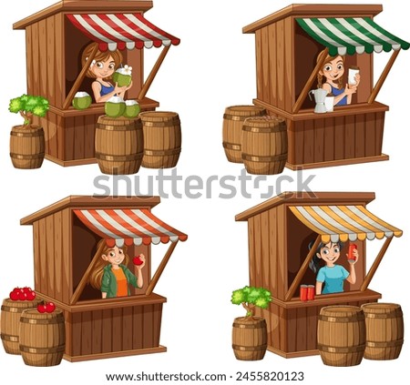 Four scenes of vendors selling at wooden stalls