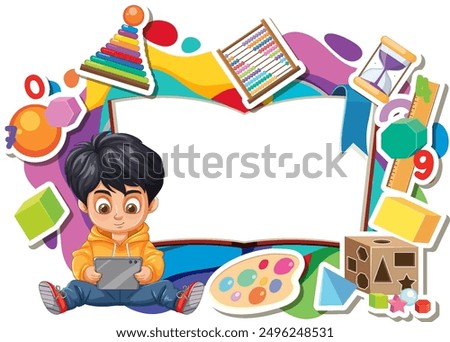 Child using tablet surrounded by educational toys