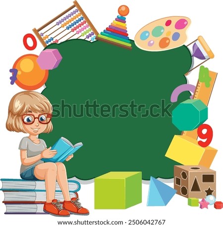 Child reading surrounded by educational items and shapes