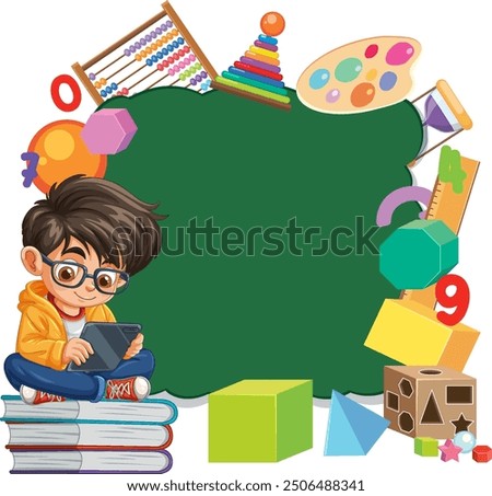 Child using tablet surrounded by educational items