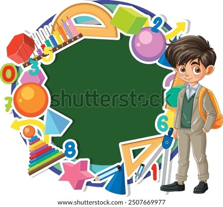 Child with school supplies and geometric shapes