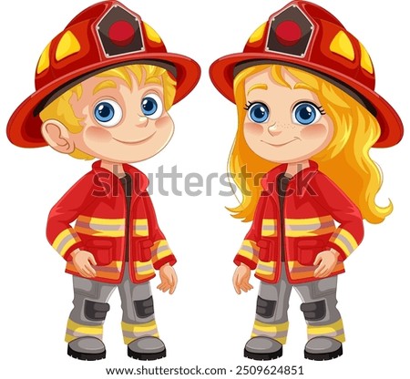 Two children dressed as firefighters smiling