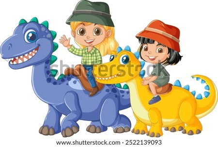 Two kids happily riding colorful dinosaurs