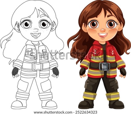 A girl in firefighter uniform, colored and outlined