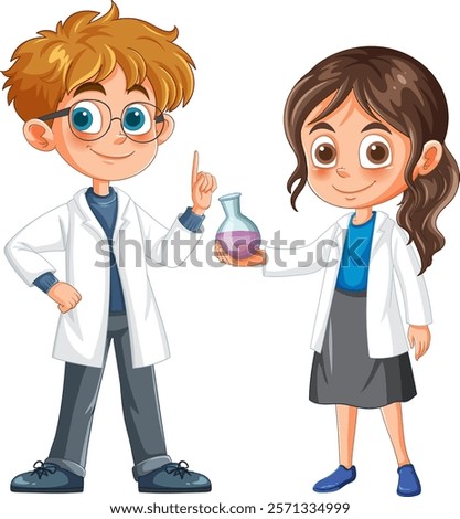 Two kids in lab coats holding a flask