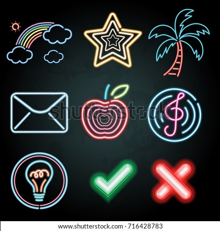 Neon light decoration with different items illustration