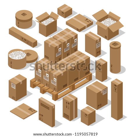 a set of cardboard boxes for the transportation of goods. Brown open containers with foam and closed boxes on a white background. Isometric 3d