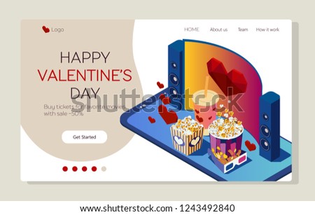 Watch the movie in cinema. Buy tichets online wia smartphone. Valentine's day. Bright youth illustration of a pop-corn, cola and screen. Isometric 3d flat illustration Zdjęcia stock © 
