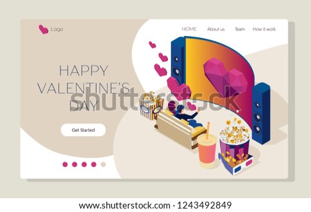 Watch the movie in cinema. Young people are watching film and sitting on the couch. Valentine's day. Bright youth illustration of a home cinema. Isometric 3d flat illustration