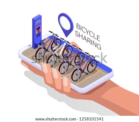 Smartphone in human hand. Isometric flat design template. Bicycle sharing system with use smartphone for rent. Smart service for rent bicycles in the city. Mobile app