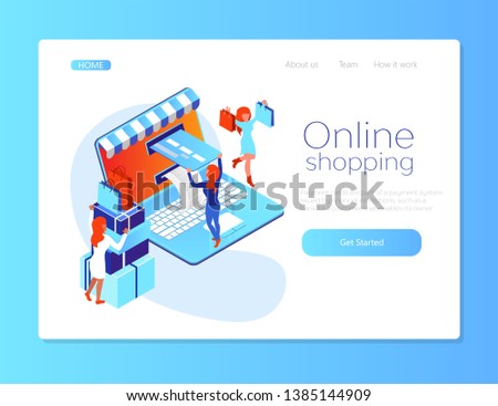 Isometric flat online shopping.  Shopping and payment wia laptop and credit card.  Vector illustration on a white background Zdjęcia stock © 